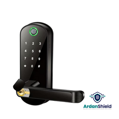 FusionGuard Biometric Smart Lock with and angled view in Black colour variation showing the manual key point and digital keypad and fingerprint sensor