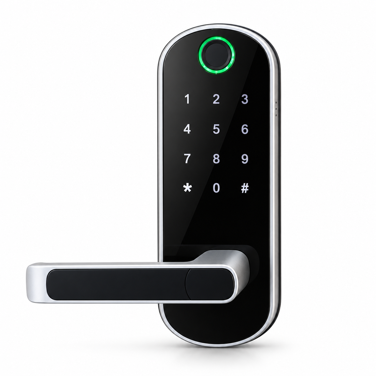 ArdanShield FusionGuard silver smart door lock with fingerprint reader and PIN keypad.