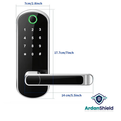 Image of FusionGuard Wifi Smart Lock showing the dimension of the front of product front width 70mm front height 177mm Handle 140mm with an ArdanShield Logo