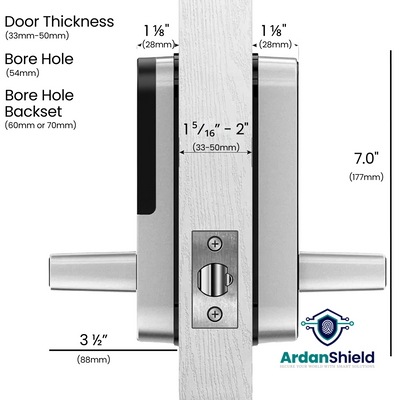 Image of the FusionGuard Wifi Smart Lock for Home Security Door fitting dimensions showing Door thickness 33mm - 50mm the bore hole dimension 54mm and bore hole backset dimensions 60mm - 70mm