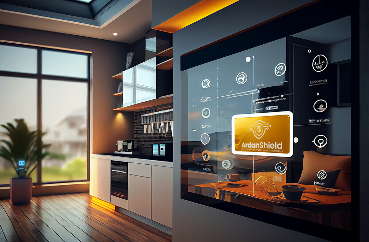 Modern smart home interior featuring ArdanShield smart lock system interface with WiFi and Bluetooth connectivity, showcasing UK smart home security technology