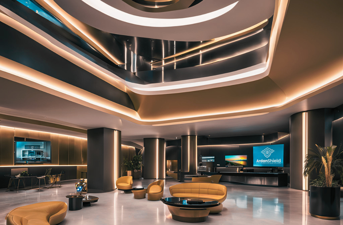 Luxury hotel lobby with ArdanShield smart lock system and digital check-in technology for modern hospitality in the UK
