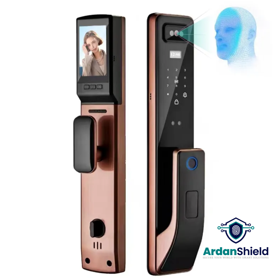ArdanShield IdentityGuard Smart Lock Front and Rear View showing the Integrated Facial Recognition Camera and Modern Bronze Finish