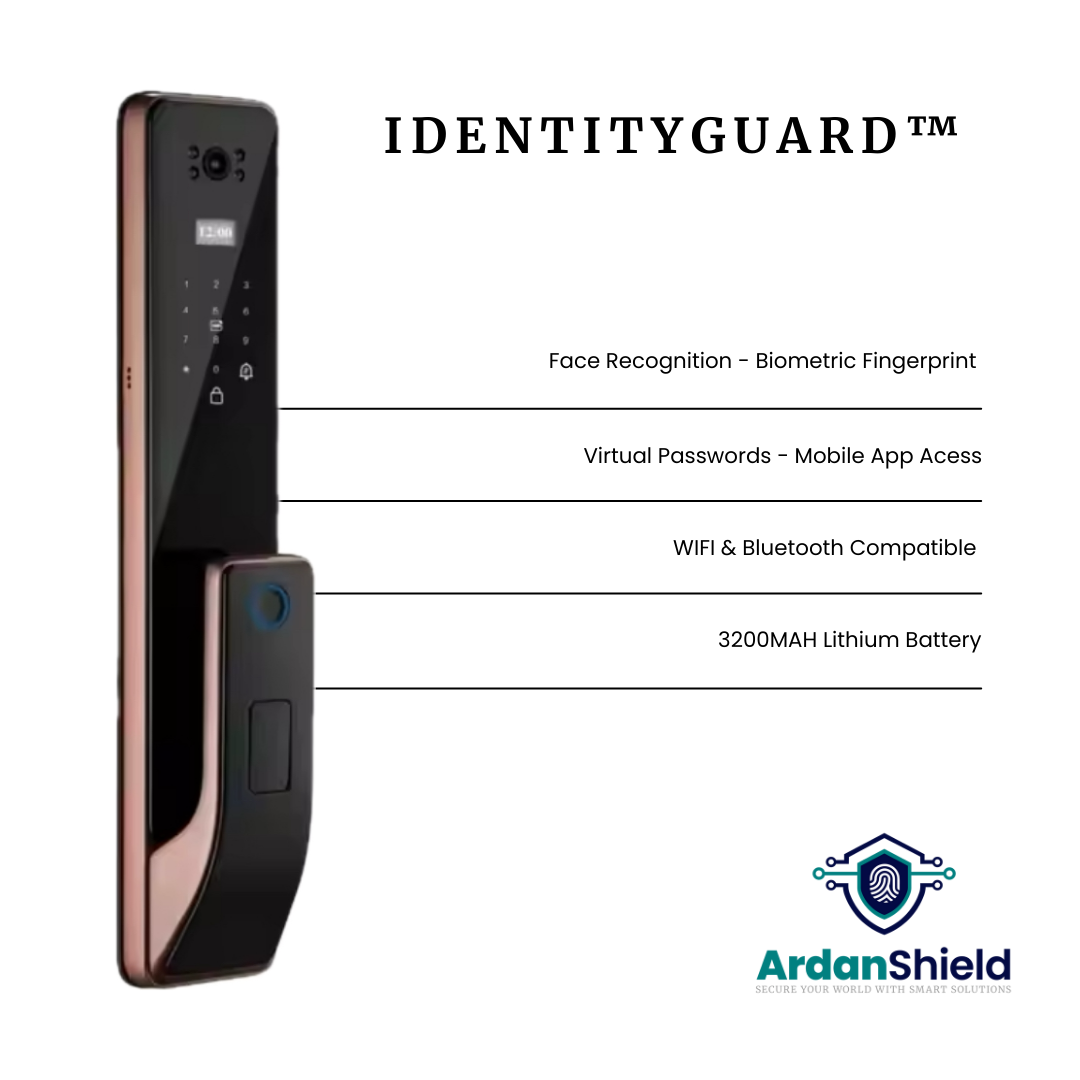 ArdanShield IdentityGuard Facial Recognition Smart Lock Front and Rear View in Bronze Colour showing the Digital Keypad, Camera, Fingerprint Sensor on the Front and Colour Screen with Manual Lock Handles on the Rear