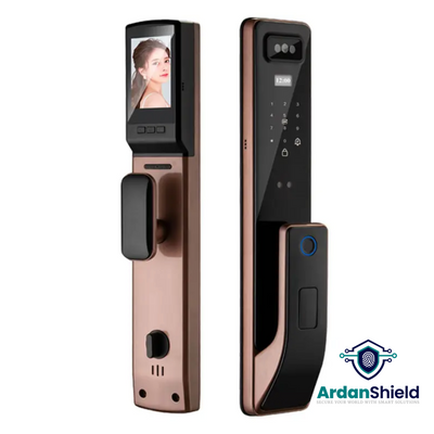 IdentityGuard Facial Recognition Smart Lock Front and Rear View in Bronze Colour showing the Digital Keypad, Camera and Fingerprint sensor on the front and Colour Screen and manual lock handles on the rear