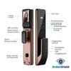 IdentityGuard Smart Lock Inforgraphic  Showing the features including, Cats eye, Password area, RFID IC Card area, One touch locking, Fingerprint reader, manual key point, usb charging port, display screen, off/reset button, quick release handle, door reverse knob