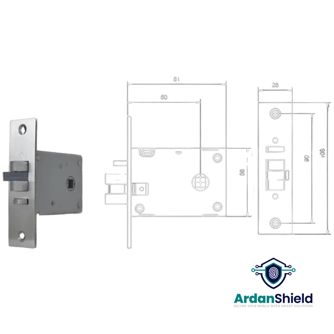 ArdanShield LuxeGuard™ Hotel Smart Lock mortise diagram showing included mortise lock with detailed dimensions, including 60mm backset and 28x108mm mortise size, presented in technical drawing format.