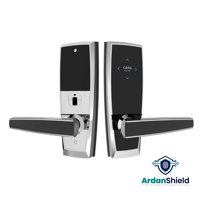 LUXEGuard Hotel Lock in Chrome colour variation showing the front and rear face of the lock body including mifare keycard area