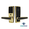 LUXEGuard Hotel Lock in Gold colour variation showing the front and rear face of the lock body including mifare keycard area