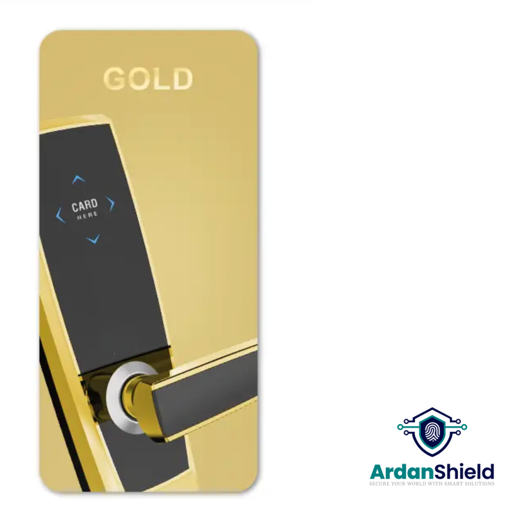 ArdanShield LuxeGuard™ Hotel Smart Lock in Gold colour variation showing elegant handle design and premium finish for hotel and hospitality doors.