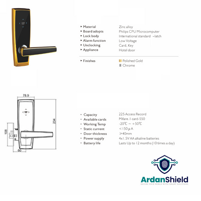 LuxeGuard Hotel Lock Infographic showing details including Zinc Alloy, International 5 Latch Lock, Low Voltage Alarm, RF Keycard Hotel Lock, Philips CPU Micro Computer, 225 Access Records Capacity, Mifare 1 s50 Card and the image of the LuxeGuard Lock from front view point in gold colour variation also drawing format including dimensions of the lock body and latch.