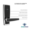 LuxeGuard Hotel Lock Infographic showing details including RF Keycard Hotel Lock, Philips CPU Micro Computer, 225 Access Records Capacity, Mifare 1 s50 Card and the image of the LuxeGuard Lock from front view point in Chrome colour variation.