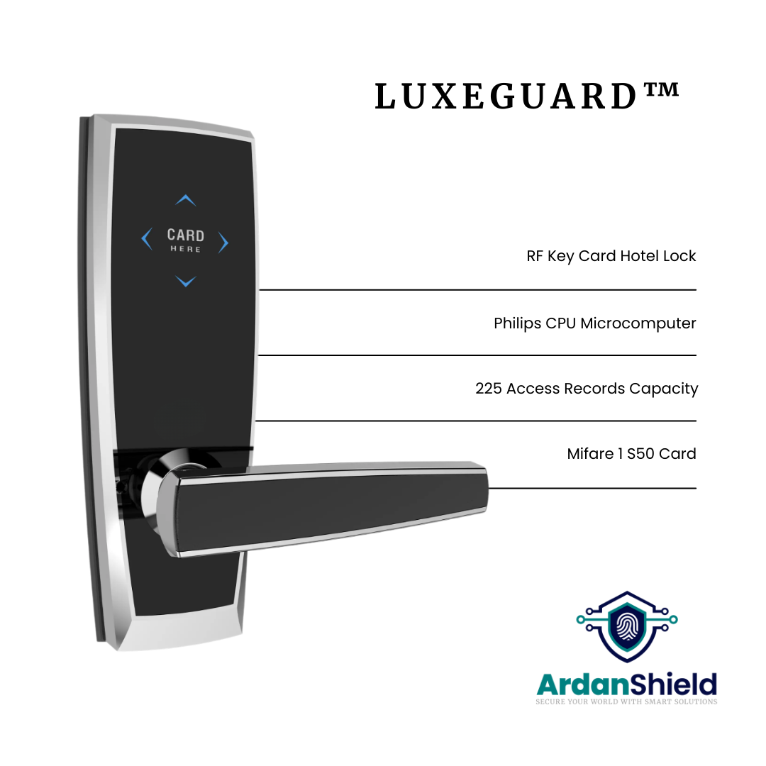 ArdanShield LuxeGuard™ Hotel Smart Lock Infographic in Chrome colour showing front view of the lock with details including RF key card hotel access, Philips CPU microcomputer, 225 access record capacity, and Mifare 1 S50 card compatibility.