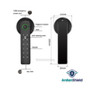 RoomVault Smart Lock Infographic showing the lock in Black colour variation with inforgraphic text highlighting functions including USB emergency power port, fingerprint sensor, lock, card sensing area, keypad, keyhole and dimensions of the lock body 150mm x 65mm x 30mm