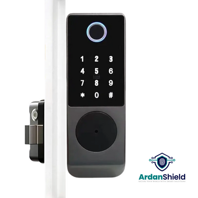 SecureWave Smart Lock Showing a Fitted View on a white door the image shows the front face and lock type including the digital keypad access and fingerprint sensor with ArdanShield Branding present on image