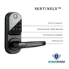 SentinelX Smart Lock Infographic showing the front view of the smart lock in black colour with information points including, biometric fingerprint, virtual passwords, mobile app access, wifi, bluetooth and IP66 waterprrof rating