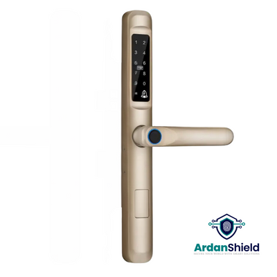 SwiftLock Front View of Home Security Smart Lock in Gold Colour showing the Digital Keypad and Biometric Fingerprint Sensor