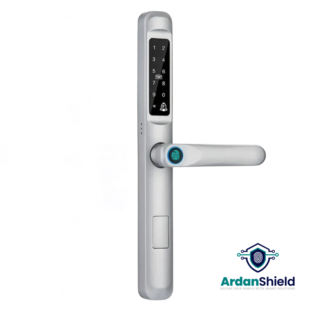 SwiftLock Front View of Home Security Smart Lock in Silver Colour showing the Digital Keypad and Biometric Fingerprint Sensor
