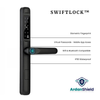 SwiftLock Smart Lock Inforgraphic showing front view of the lock with information about features including Biometric Fingerprint, Virtual Passwords, Mobile app access, Wifi, Bluetooth and IP66 Waterproof rating