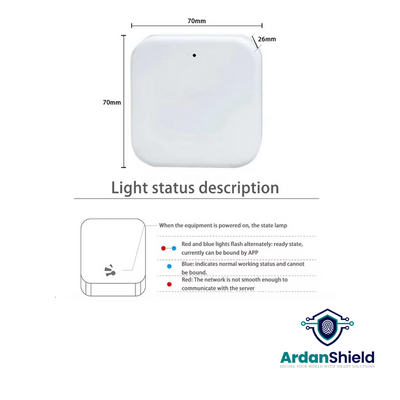 Image shows gateway smart lock dimensions 70mm x 70mm x 26mm and shows imagery for light status