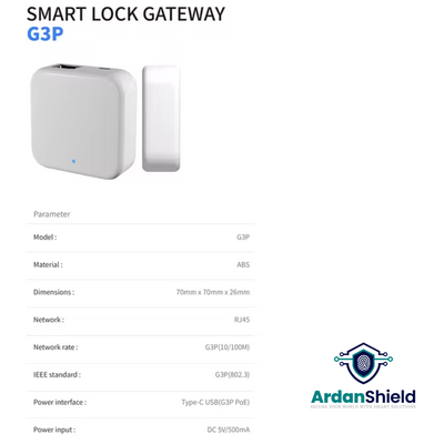 TTLockGateway G3P information image, Material: abs, Dimensions: 70x70x26mm, Network: RJ45, IEEE Standard: G3P802.3b/g/n, Power Interface: Type USB-C, Power Input: DC 5V/500MA