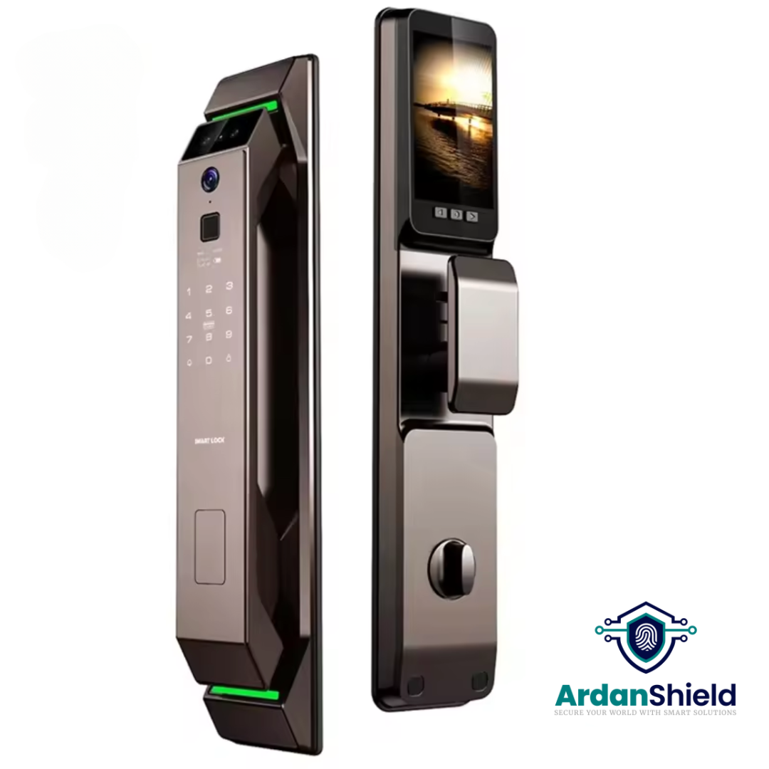 TrueFace Facial Recognition Smart Lock in Silver colour showing front and rear views, featuring digital keypad, facial recognition camera, fingerprint sensor, and rear emergency manual handle with digital display screen.