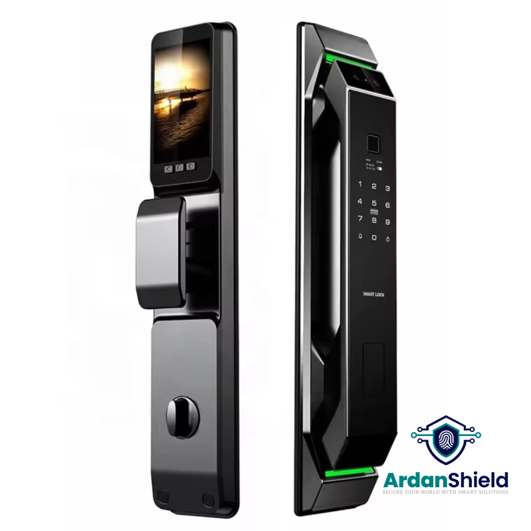 TrueFace Facial Recognition Smart Lock in Silver colour showing front and rear views, featuring digital keypad, facial recognition camera, fingerprint sensor, and rear emergency manual handle with digital display screen.
