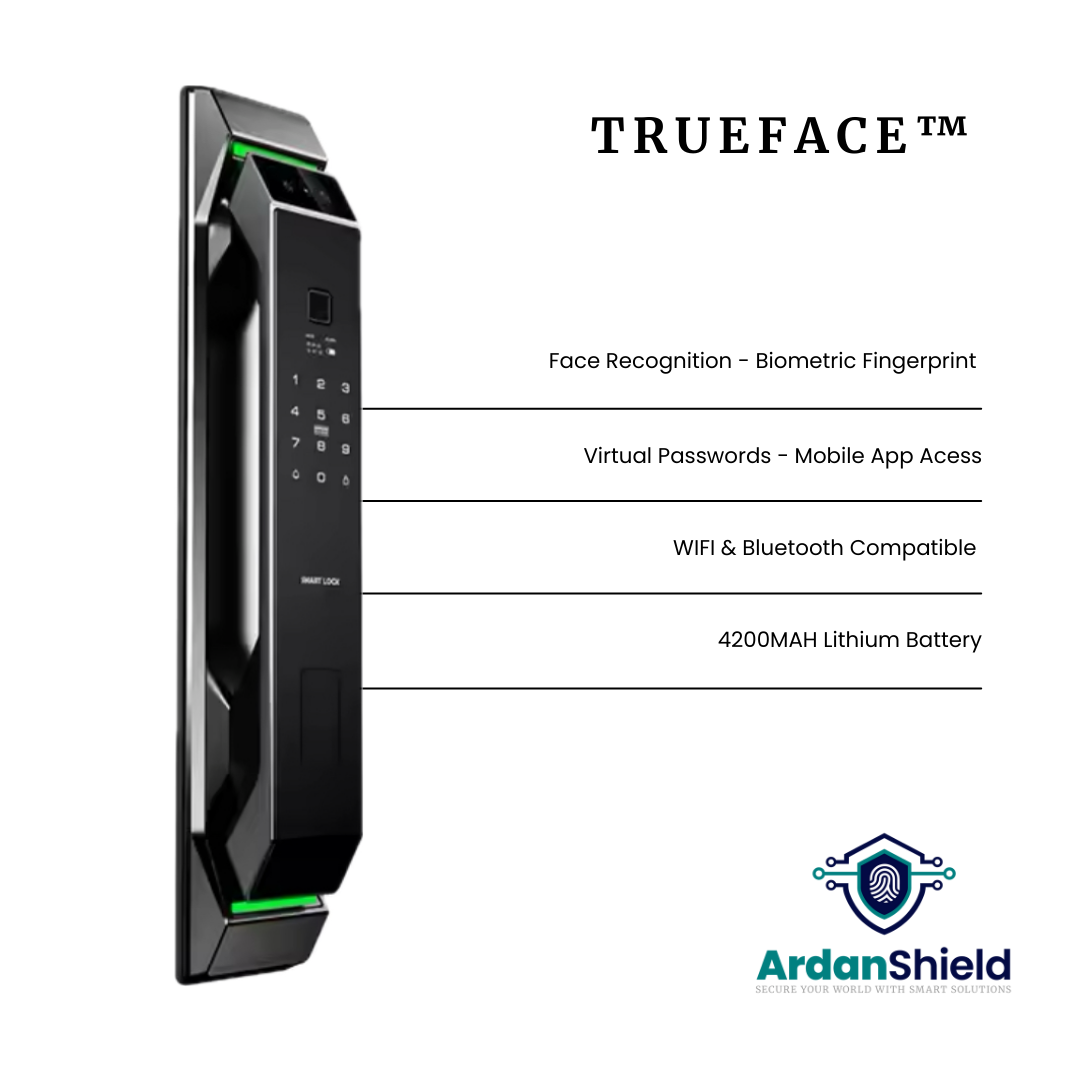 TrueFace Smart Lock infographic showing the front view of the silver lock with highlighted features including face recognition, biometric fingerprint, virtual passwords, mobile app access, WiFi, Bluetooth, and 4200 mAh lithium battery.