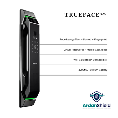 TrueFace Smart Lock Infographic  Showing the front view of the silver lock and infographic details including, Face Recognition. Biometric Fingerprint, Virtual Passwords, Mobile App Access, Wifi, Bluetooth and 4200MAH Lithium Battery