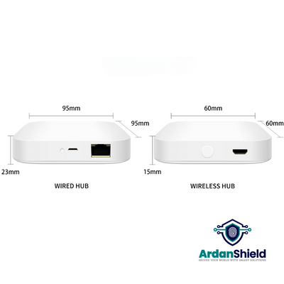 Image of two smart gateway hubs and dimensions, Dimensions are as follows, Wired Hub 95 x 95 x 23mm, Wireless Hub 60 x 60 x 15mm