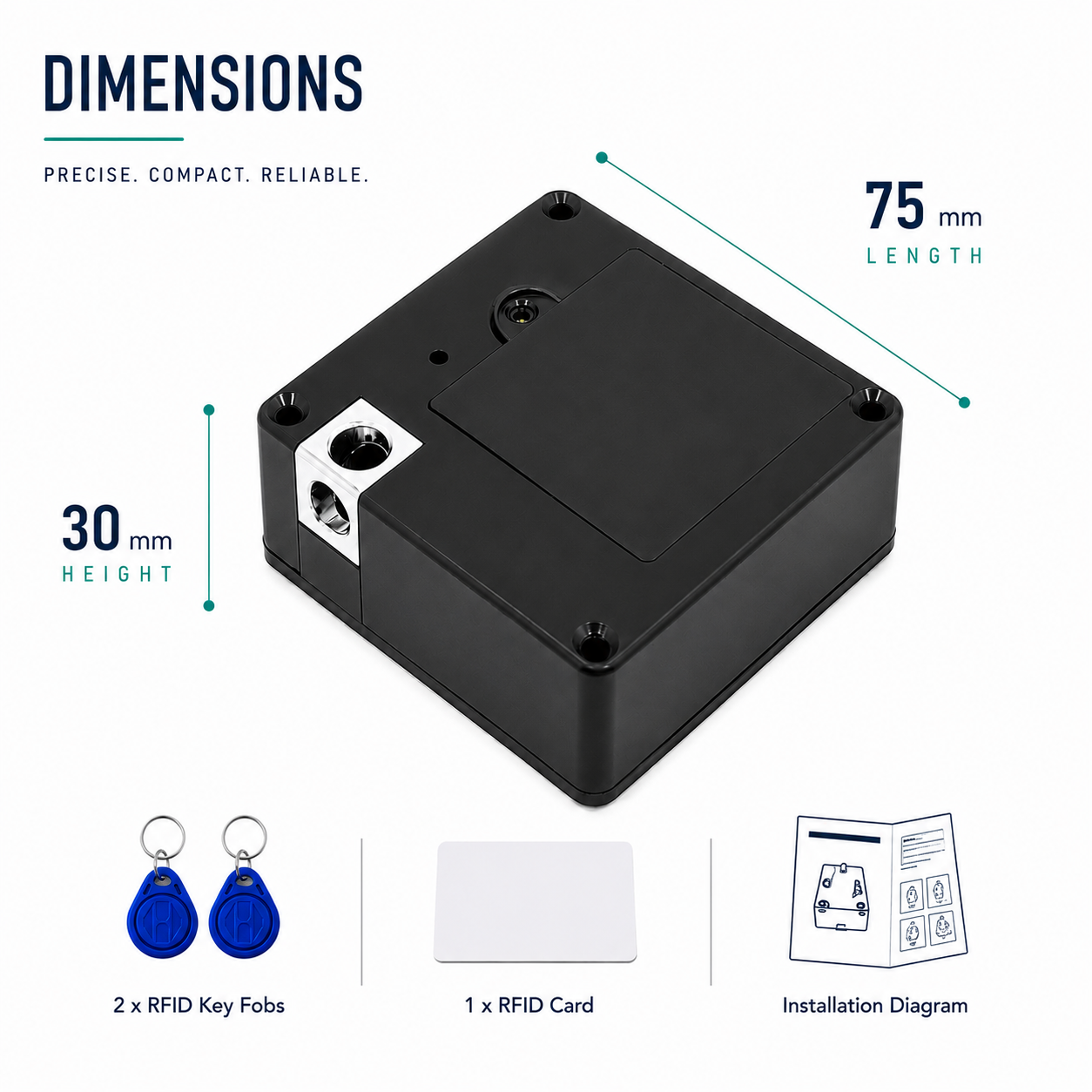 ArdanShield VaultCore smart cabinet lock dimensions infographic showing 75mm length and 30mm height