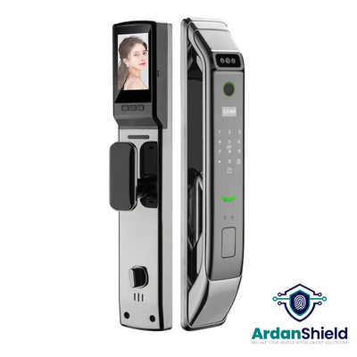 VisageGuard Facial Recognition Smart Lock in Silver colour showing Front and Rear view of lock showing the facial recognition camera, biometric fingerprint sensor, digital keypad and on the rear digital display screen, manual handle and reverse lock knob.