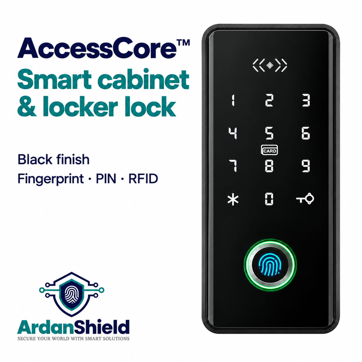 ArdanShield AccessCore black smart cabinet and locker lock with fingerprint reader, PIN keypad and RFID access.