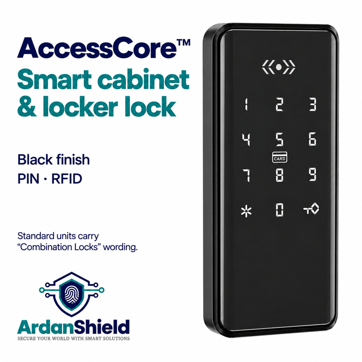 AccessCore black PIN and RFID cabinet lock without fingerprint reader, with standard wording notice.