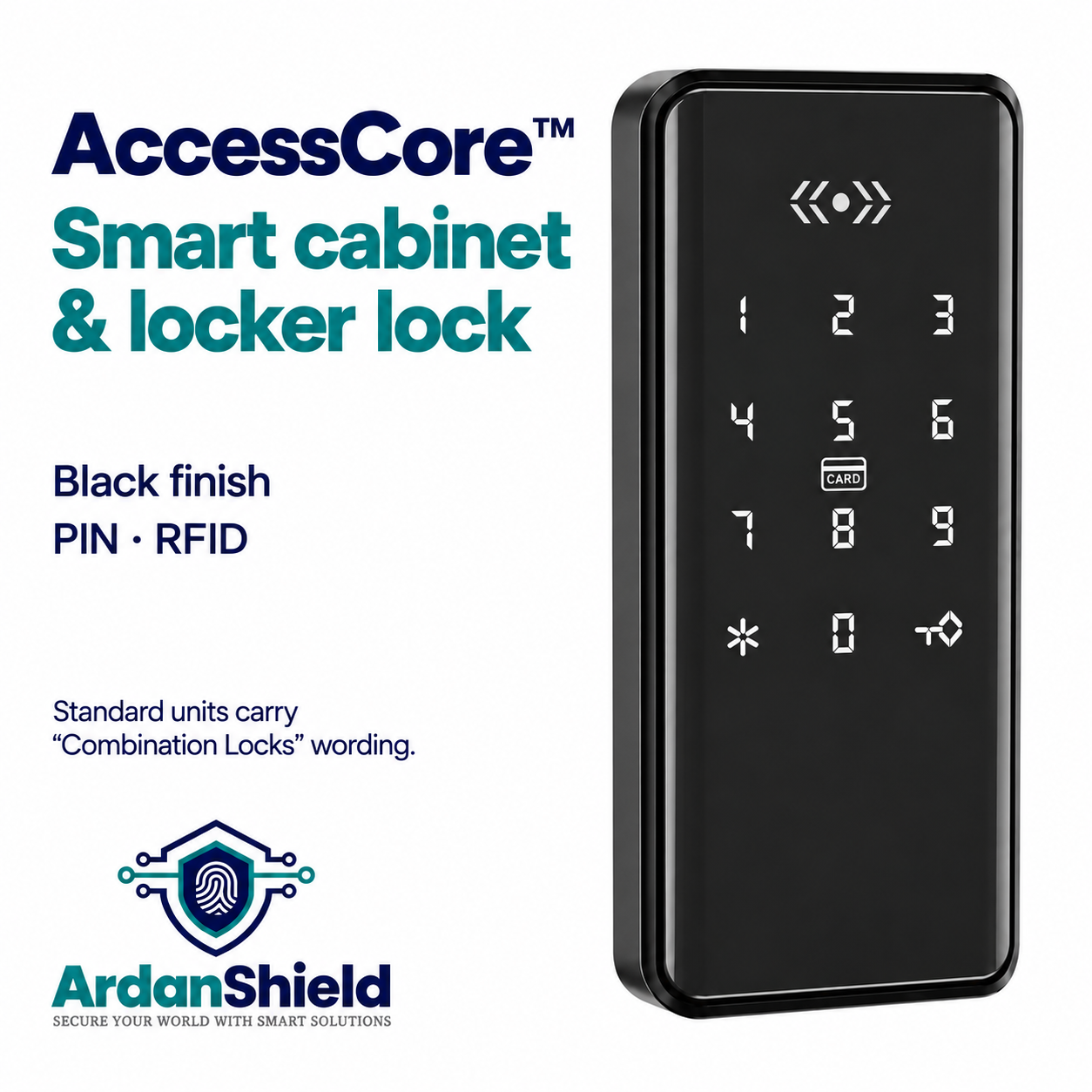 AccessCore black PIN and RFID cabinet lock without fingerprint reader, with standard wording notice.