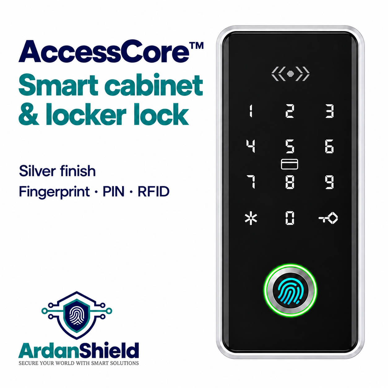 ArdanShield AccessCore silver smart cabinet and locker lock with fingerprint reader, PIN keypad and RFID access.