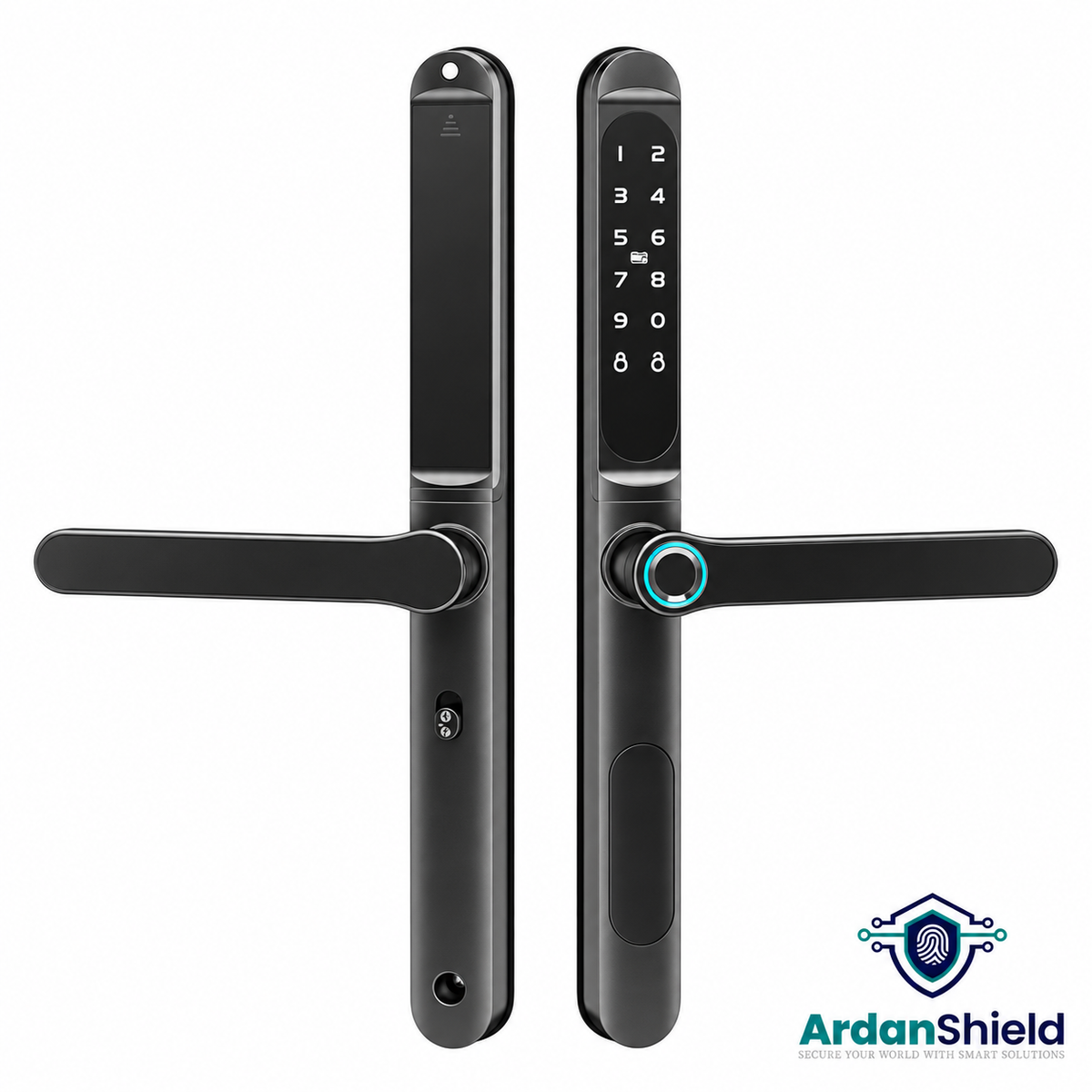 ApexLock black exterior and interior smart handle set on white