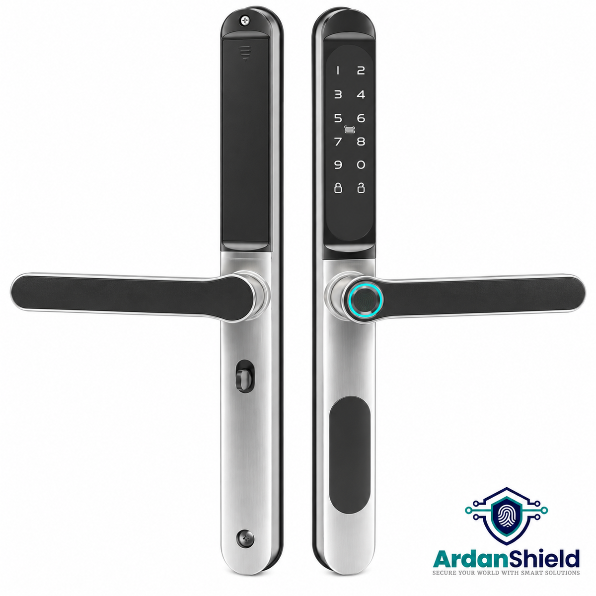 ApexLock silver exterior and interior smart handle set on white