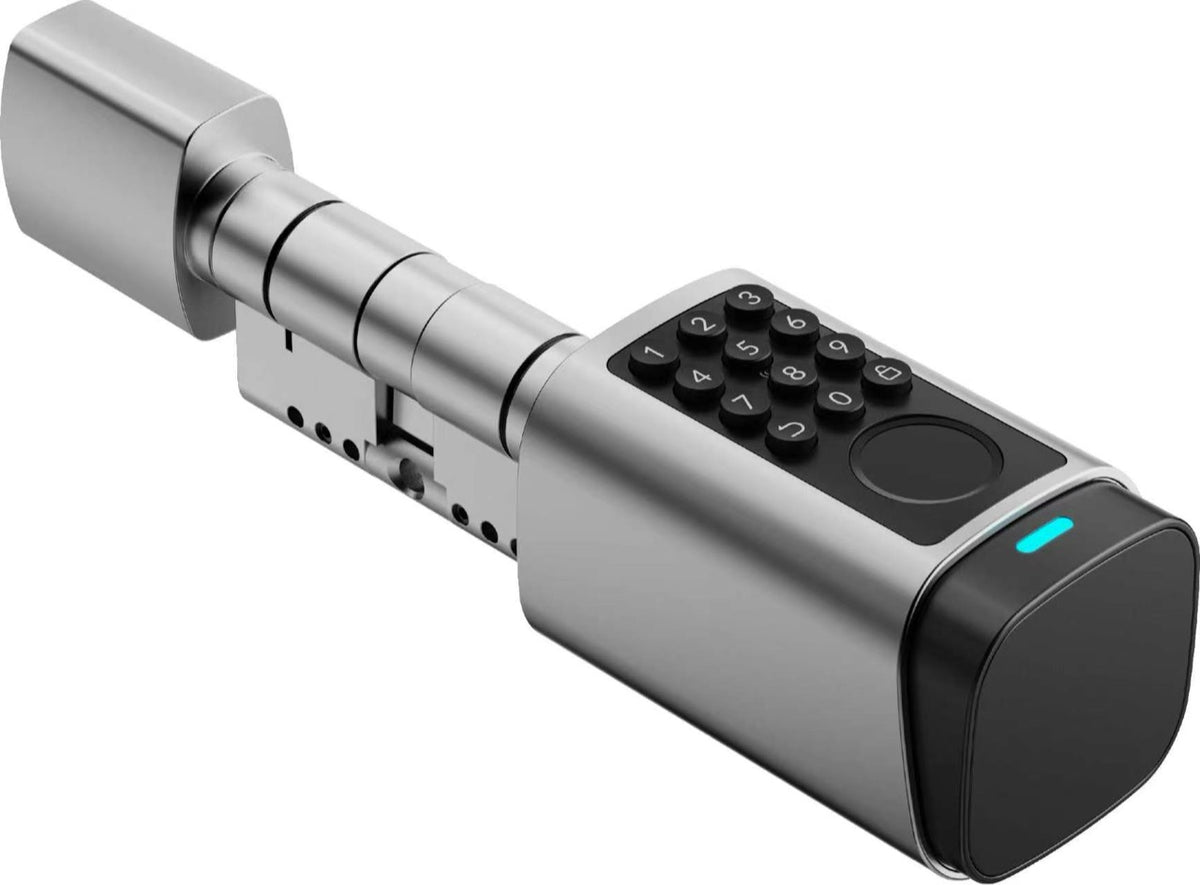 EntryCyl silver smart cylinder with integrated keypad and fingerprint reader