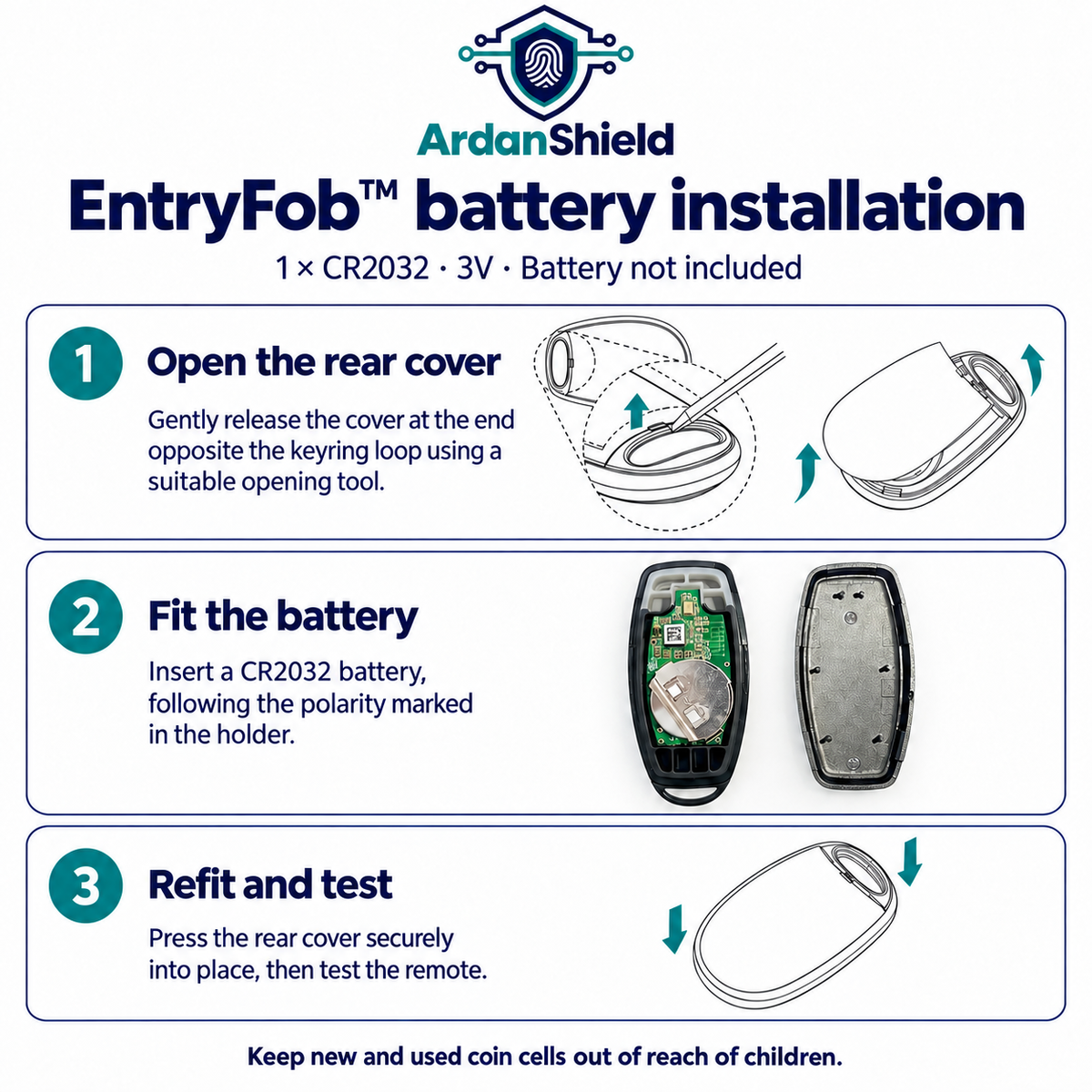 ArdanShield EntryFob battery installation: open the cover opposite the keyring loop, fit a CR2032 following marked polarity, refit and test. Battery not included. Keep coin cells away from children.