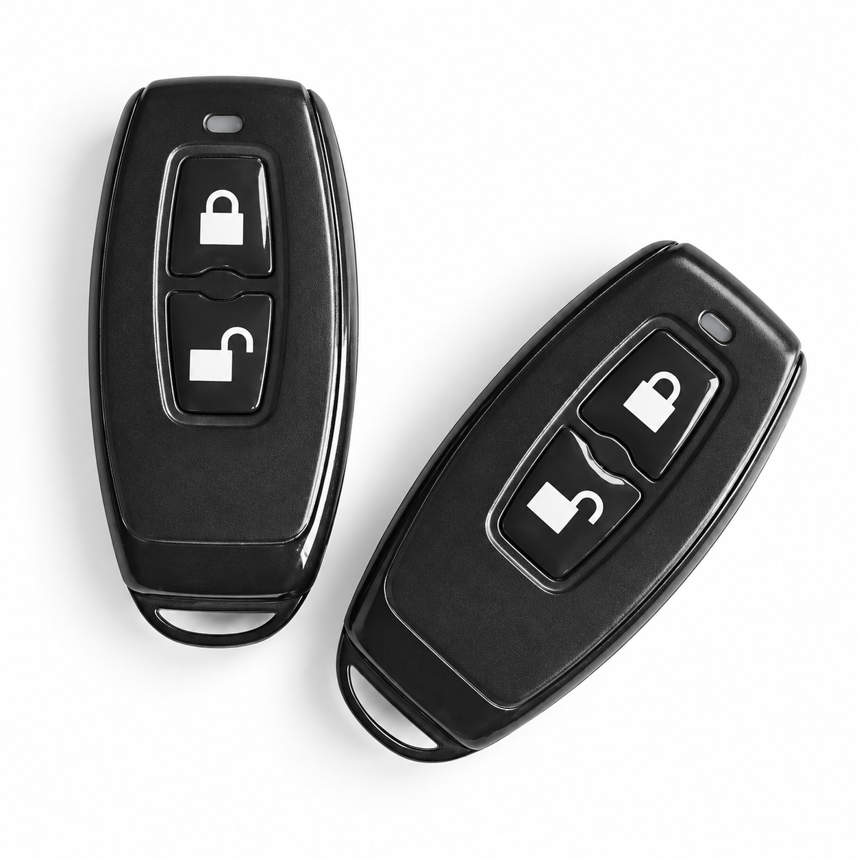 Two EntryFob black smart lock remotes with integrated keyring loops.