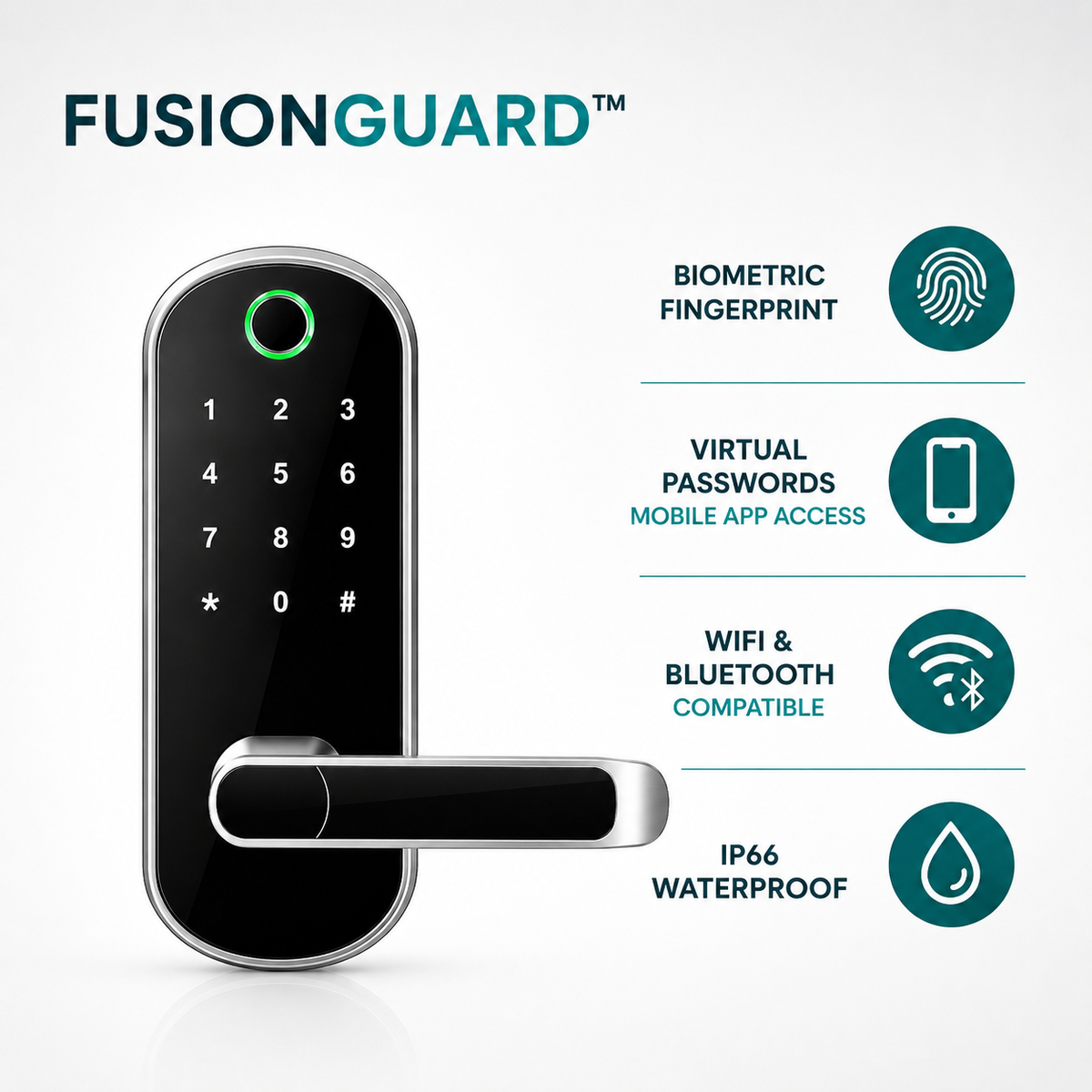 FusionGuard smart lock feature graphic showing fingerprint, PIN, app access and connectivity.