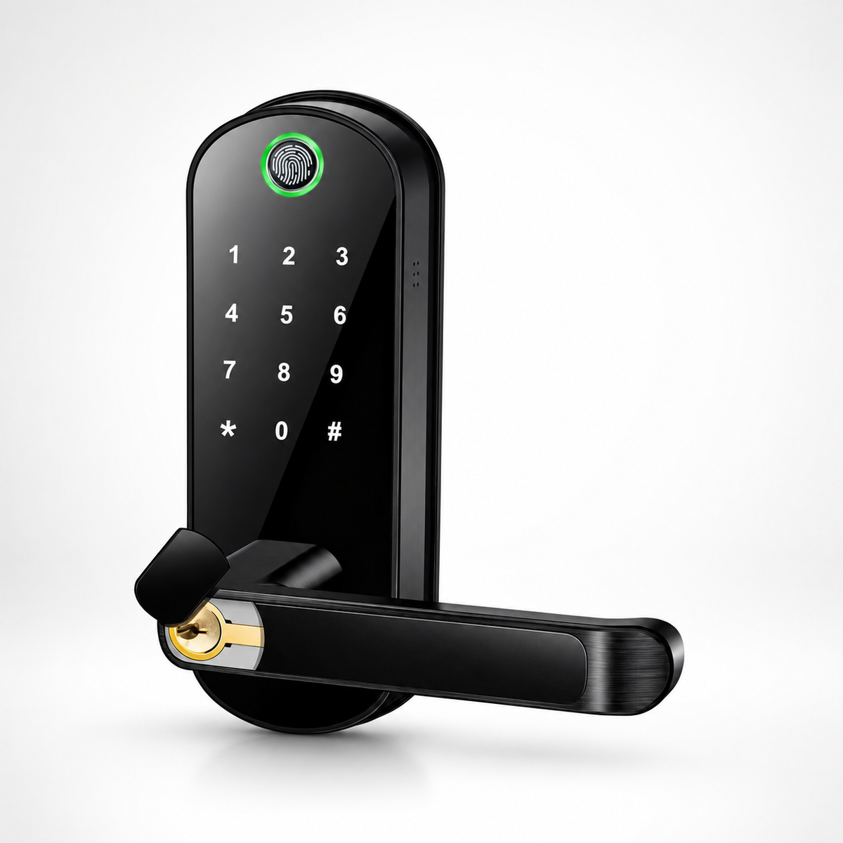 ArdanShield FusionGuard black smart lock, angled view with keypad, fingerprint reader and backup keyhole.