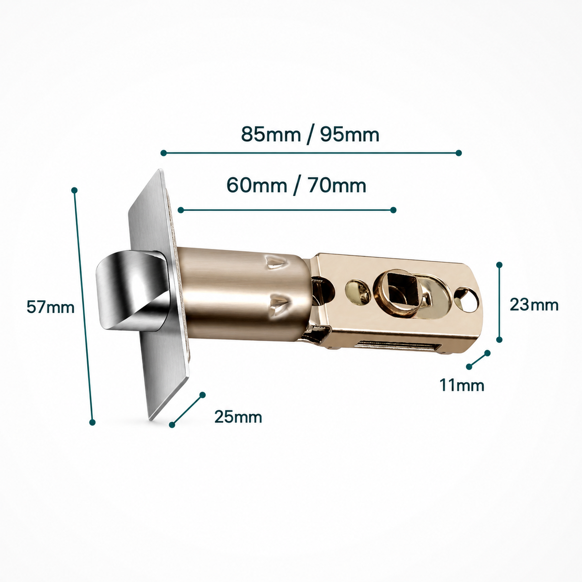FusionGuard adjustable latch dimensions diagram showing 60 or 70 mm backset and a 57 × 25 mm faceplate.