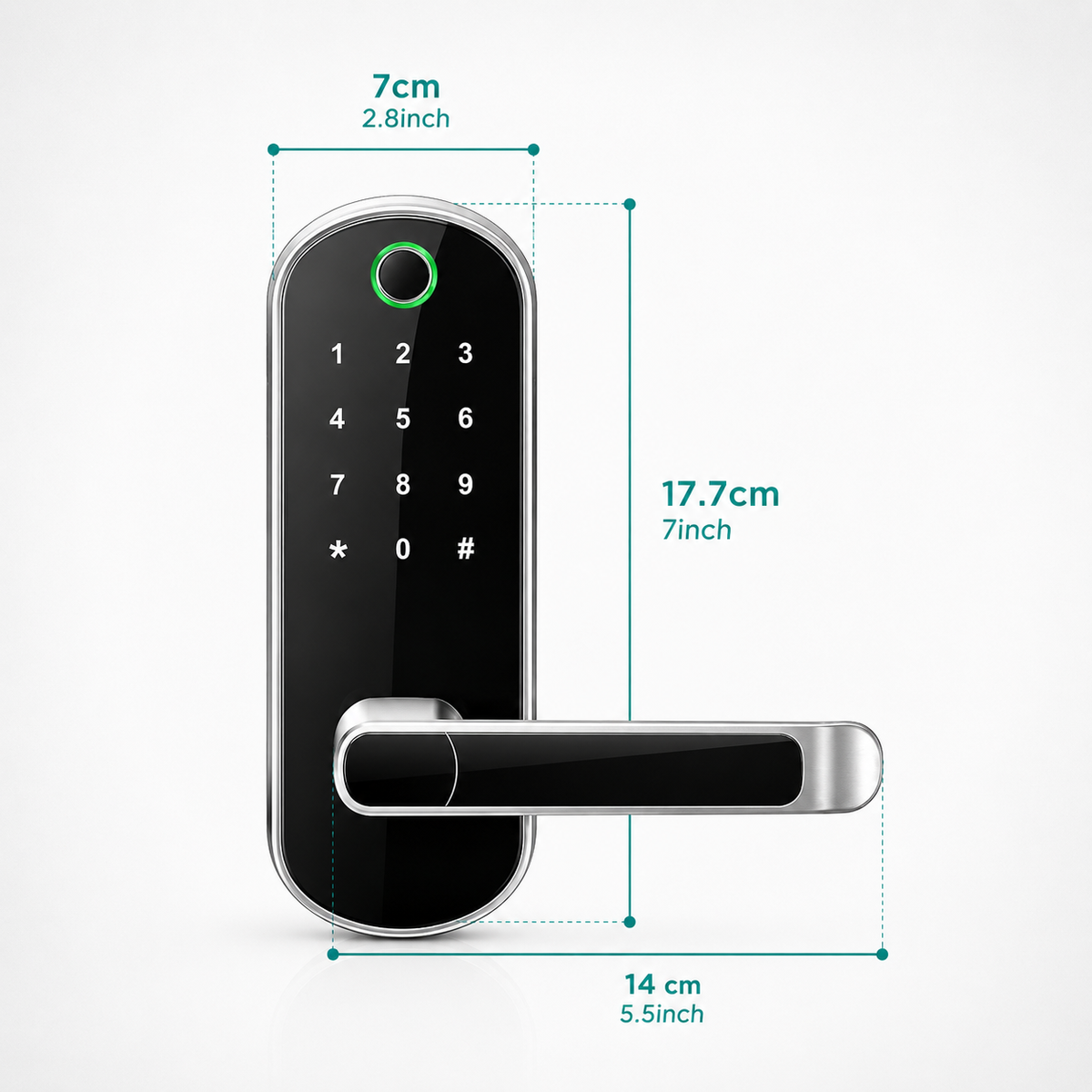 FusionGuard smart lock dimensions diagram: 177 mm high, 70 mm wide and 140 mm handle span.