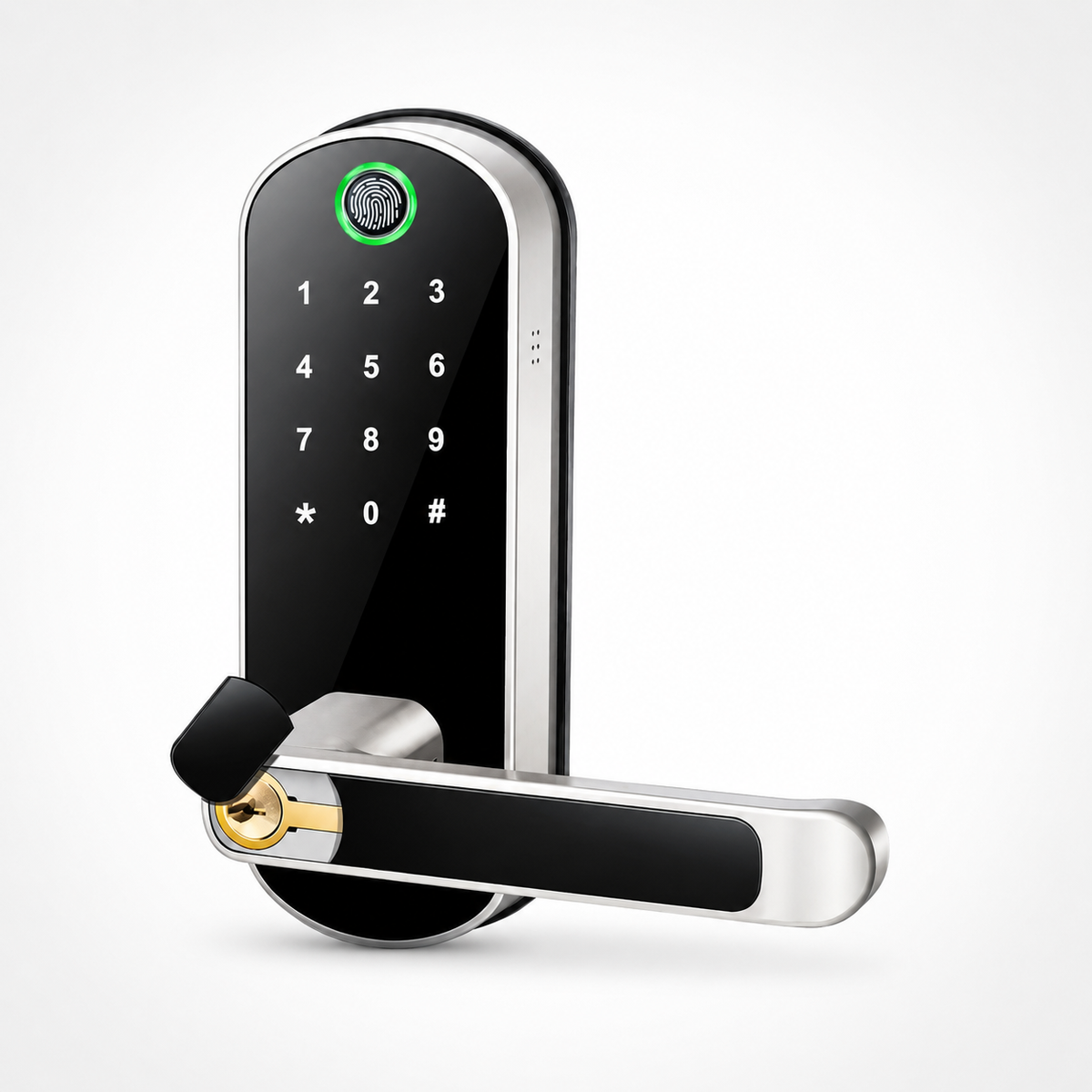 ArdanShield FusionGuard silver smart lock, angled view with keypad, fingerprint reader and backup keyhole.