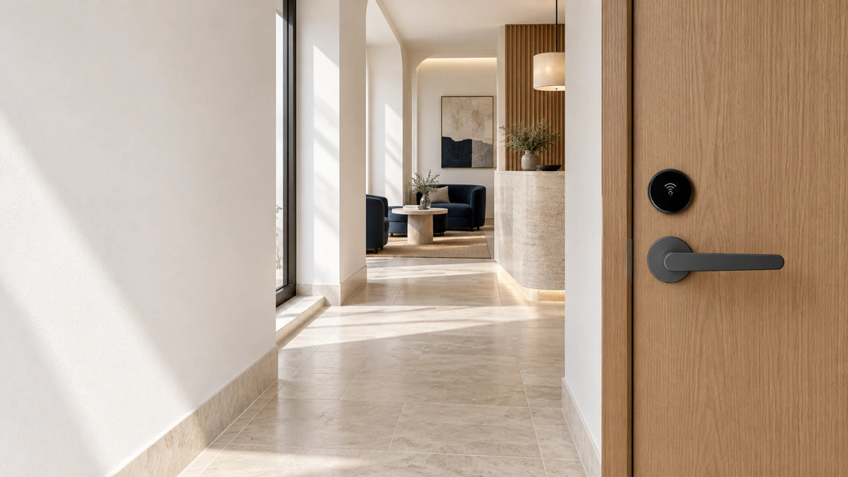 Graphite lever handle and circular black card reader on an oak guest-room door beside a bright hotel reception lounge.