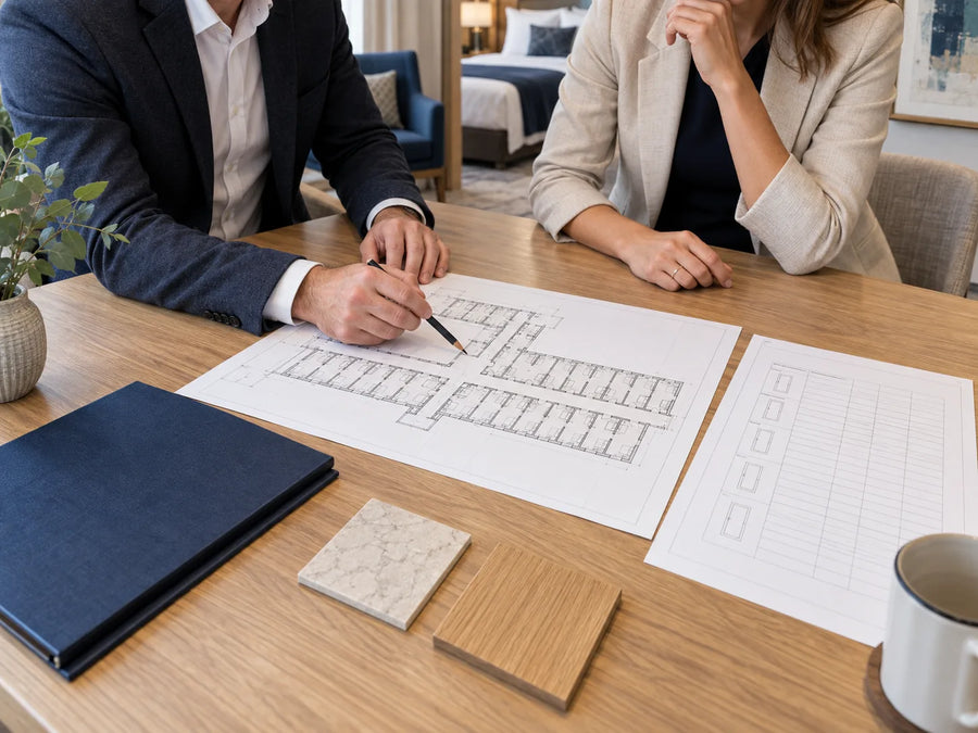 Two professionals reviewing a hotel floor plan and separate door schedule at a meeting table.
