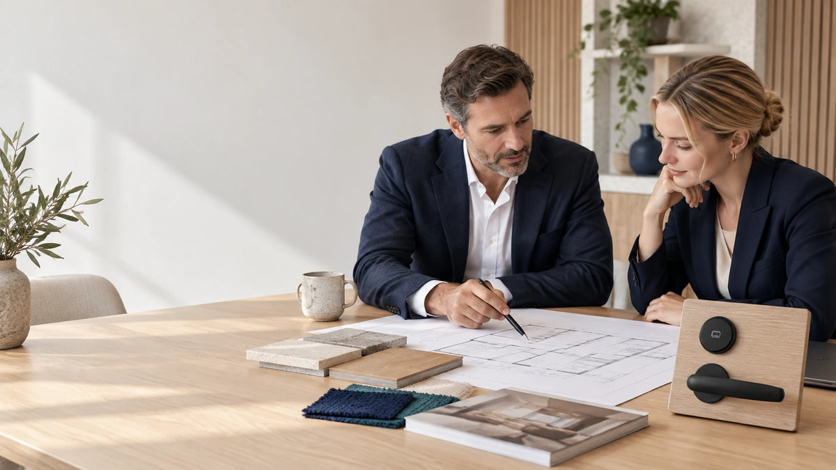 Two professionals reviewing a floor plan beside a black handle and card-reader sample on an oak panel.