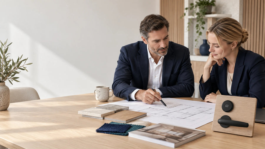 Two professionals reviewing a floor plan beside a black handle and card-reader sample on an oak panel.